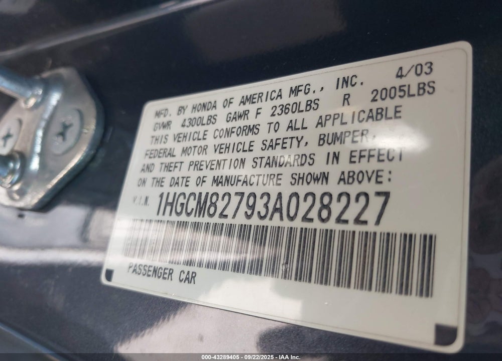 2003 HONDA ACCORD 3.0 EX VIN: 1HGCM82793A028227