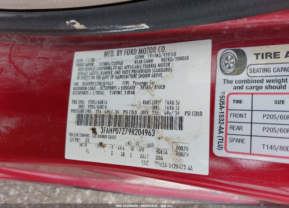 2009 FORD FUSION VIN: 3FAHP07Z79R204963