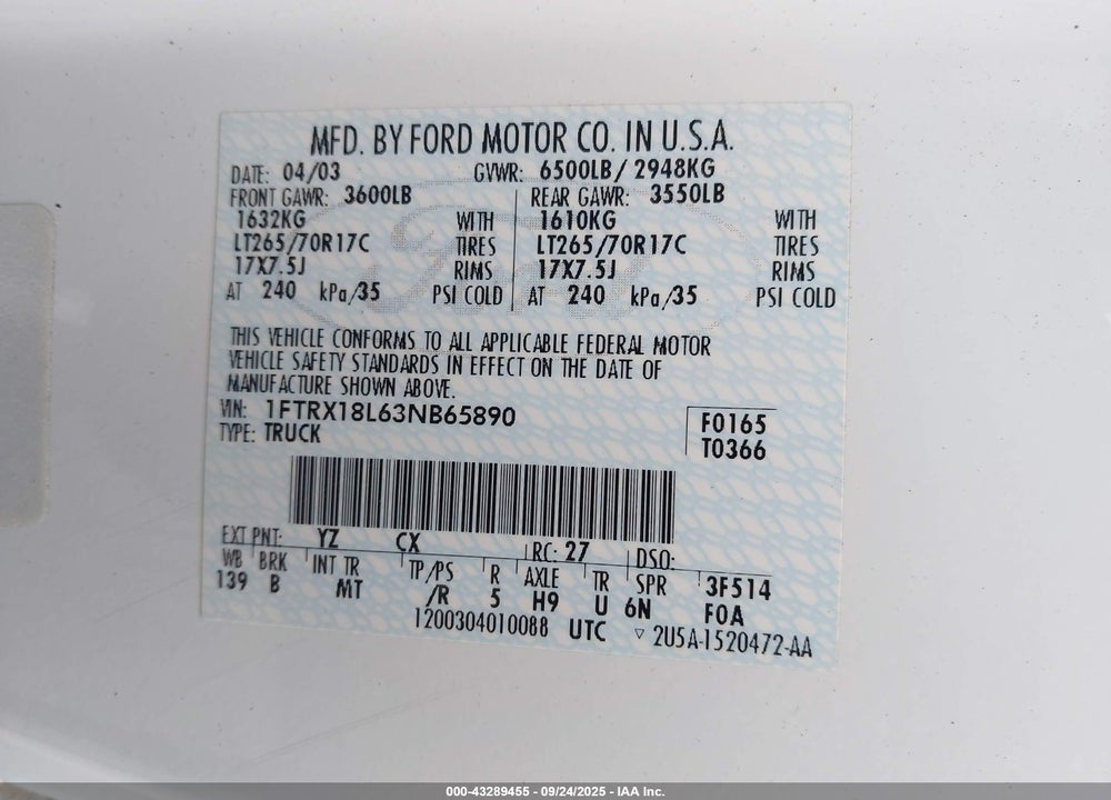 2003 FORD F-150 LARIAT/XL/XLT VIN: 1FTRX18L63NB65890