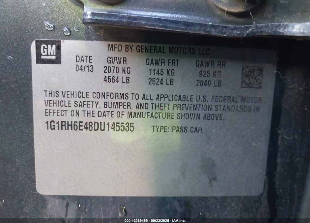 2013 CHEVROLET VOLT VIN: 1G1RH6E48DU145535