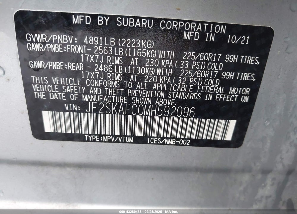 2021 SUBARU FORESTER VIN: JF2SKAFC0MH592096