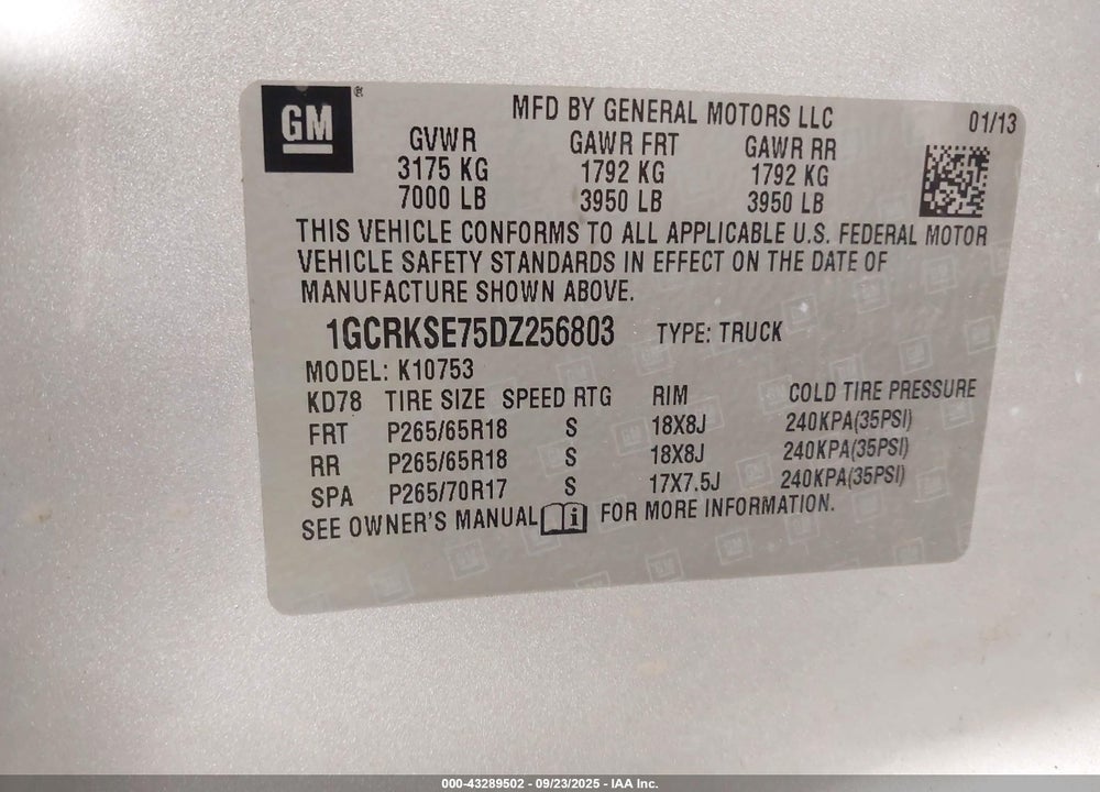 2013 CHEVROLET SILVERADO 1500 VIN: 1GCRKSE75DZ256803