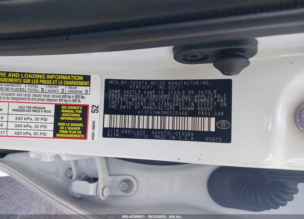 2021 TOYOTA CAMRY XLE HYBRID VIN: 4T1F31AK0MU555466