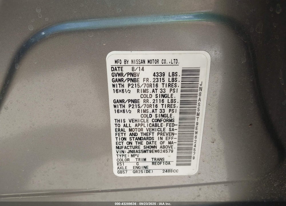 2014 NISSAN ROGUE VIN: JN8AS5MT9EW624579