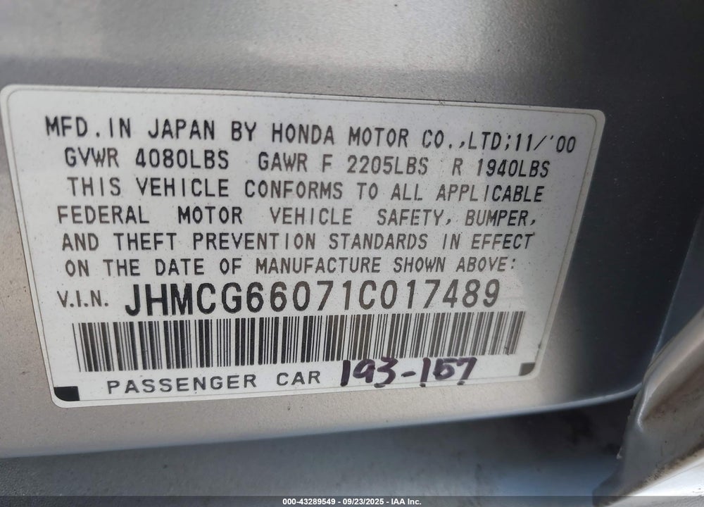 2001 HONDA ACCORD 2.3 EX VIN: JHMCG66071C017489
