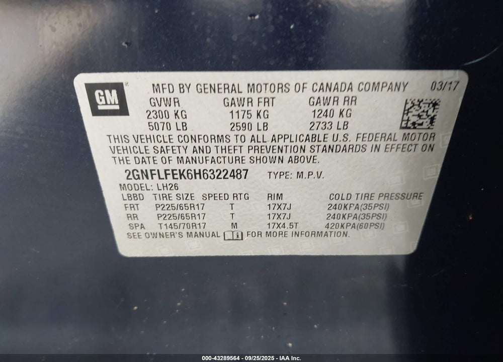 2017 CHEVROLET EQUINOX LT VIN: 2GNFLFEK6H6322487