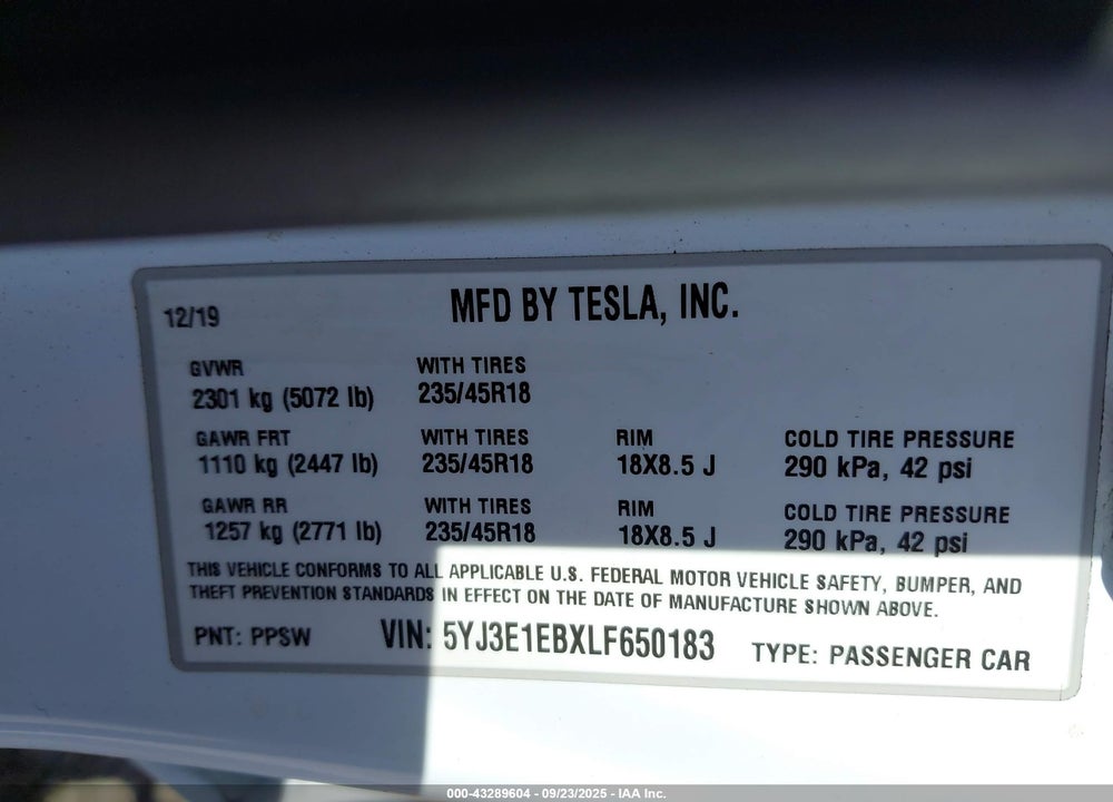 2020 TESLA MODEL 3 LONG RANGE DUAL MOTOR ALL-WHEEL DRIVE VIN: 5YJ3E1EBXLF650183