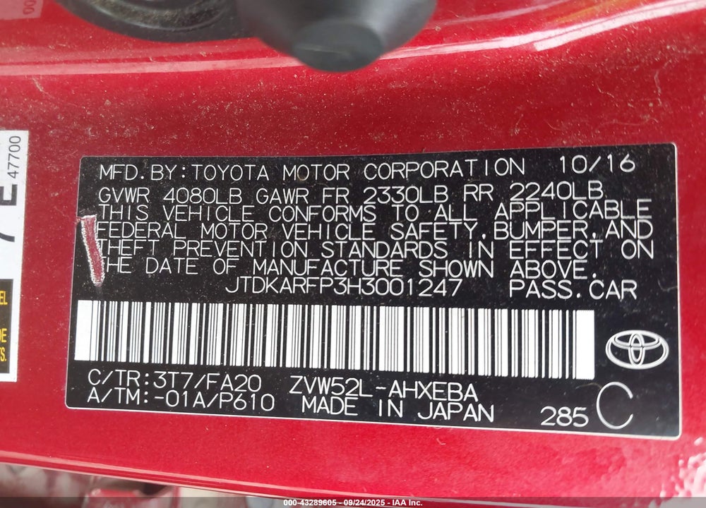 2017 TOYOTA PRIUS PRIME VIN: JTDKARFP3H3001247