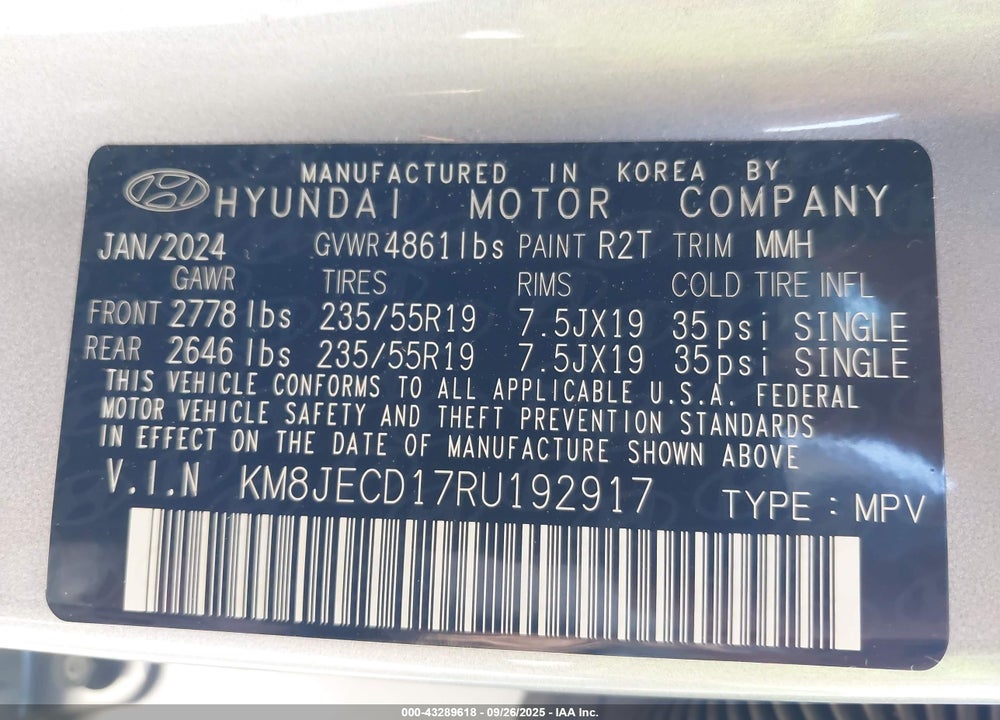 2024 HYUNDAI TUCSON HYBRID LIMITED VIN: KM8JECD17RU192917