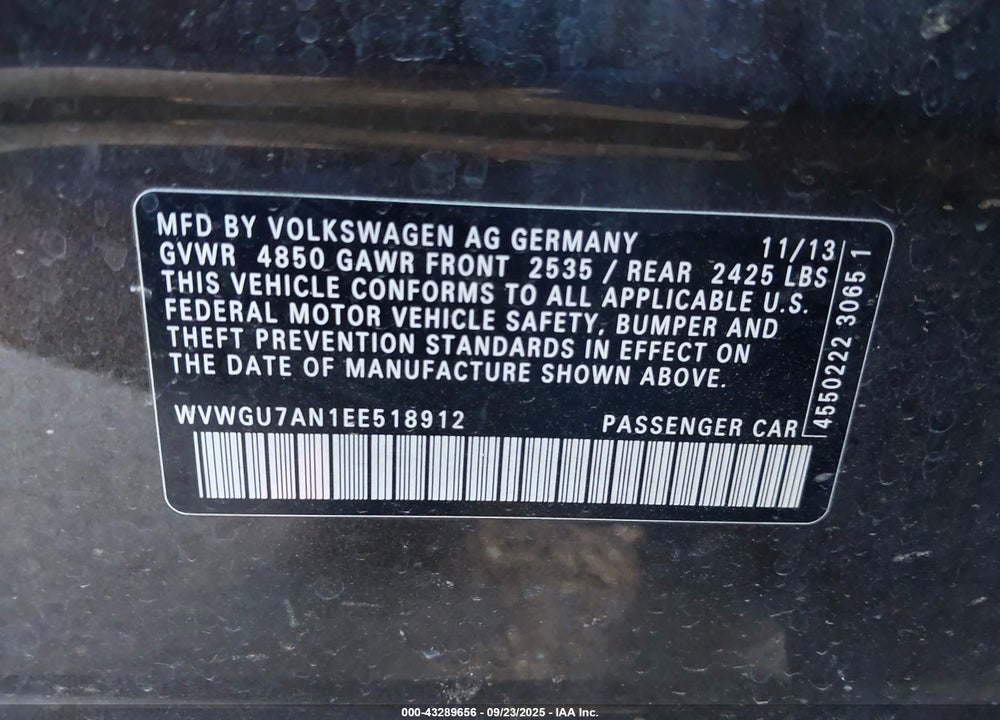 2014 VOLKSWAGEN CC 3.6L VR6 EXECUTIVE VIN: WVWGU7AN1EE518912