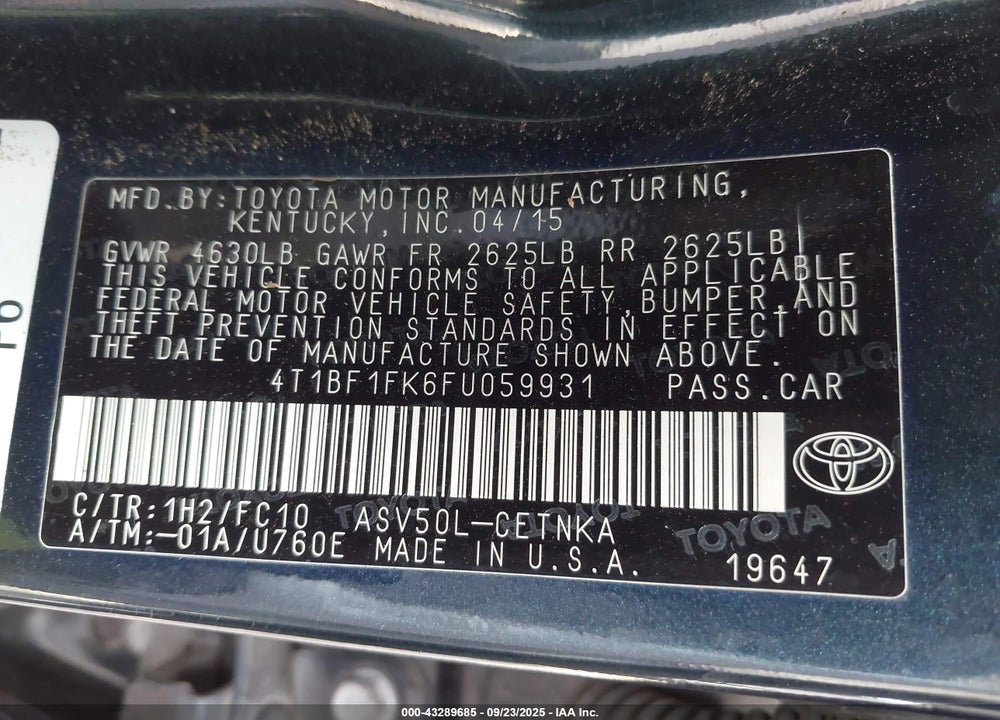 2015 TOYOTA CAMRY VIN: 4T1BF1FK6FU059931