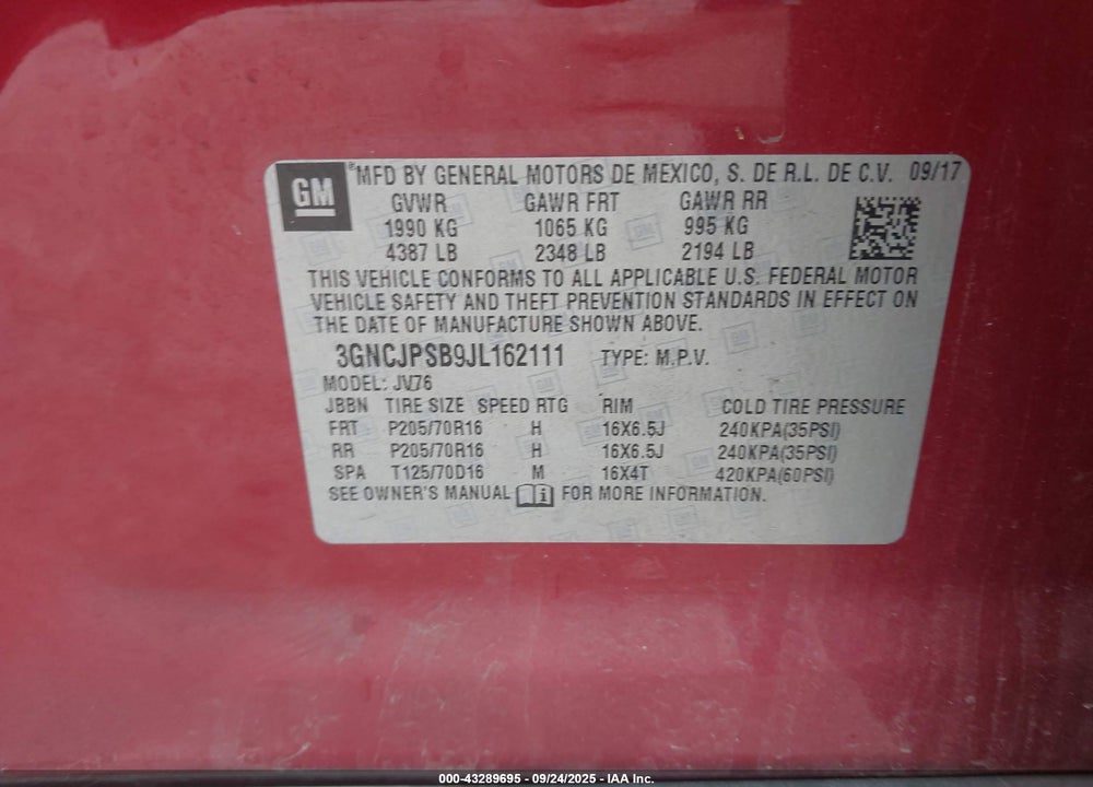 2018 CHEVROLET TRAX VIN: 3GNCJPSB9JL162111