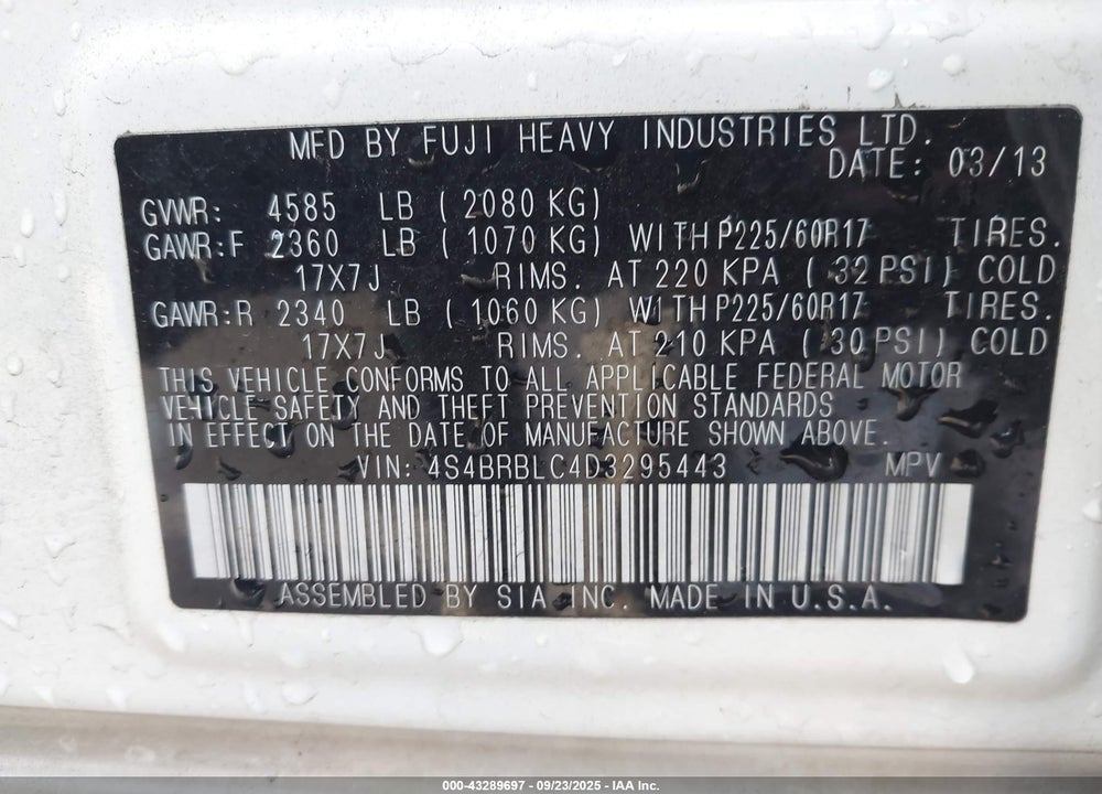 2013 SUBARU OUTBACK VIN: 4S4BRBLC4D3295443