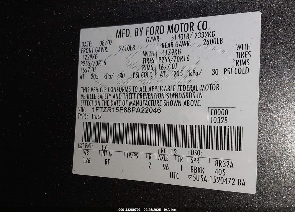 2008 FORD RANGER FX4 OFF-ROAD/SPORT/XL/XLT VIN: 1FTZR15E88PA22046