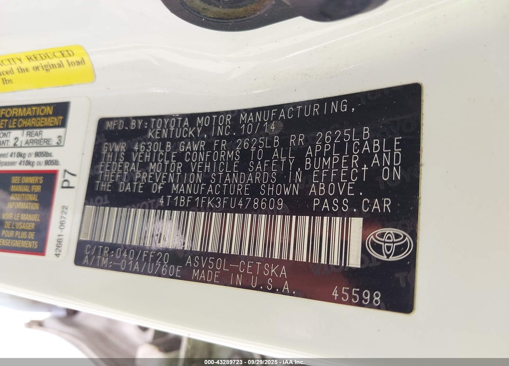 2015 TOYOTA CAMRY SE VIN: 4T1BF1FK3FU478609