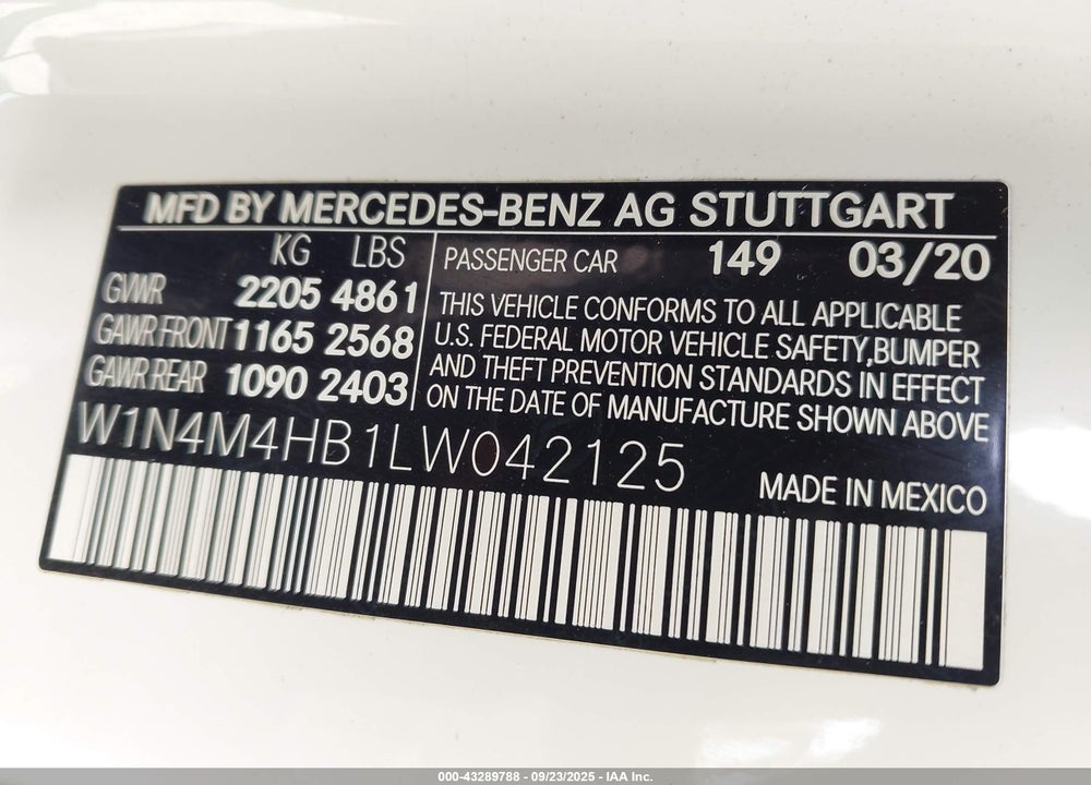 2020 MERCEDES-BENZ GLB 250 4MATIC VIN: W1N4M4HB1LW042125