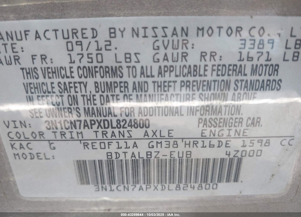2013 NISSAN VERSA 1.6 SV VIN: 3N1CN7APXDL824800