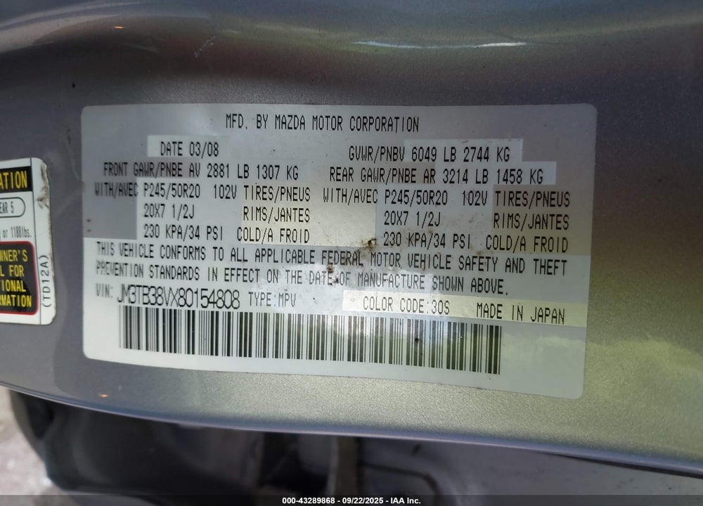 2008 MAZDA CX-9 VIN: JM3TB38VX80154808