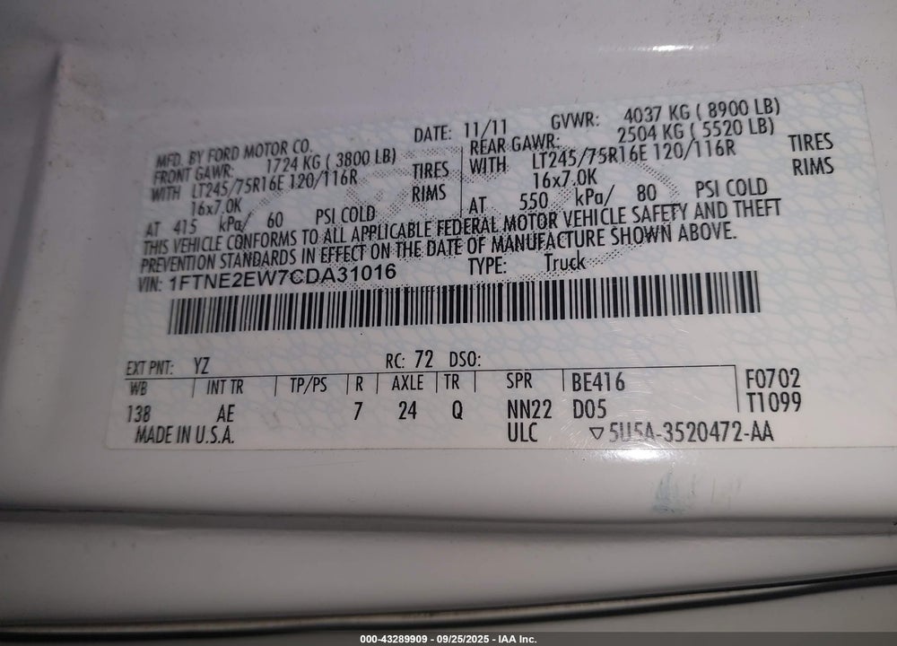 2012 FORD E-250 VIN: 1FTNE2EW7CDA31016