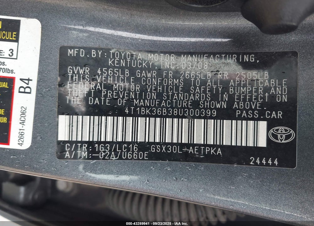 2008 TOYOTA AVALON VIN: 4T1BK36B38U300399