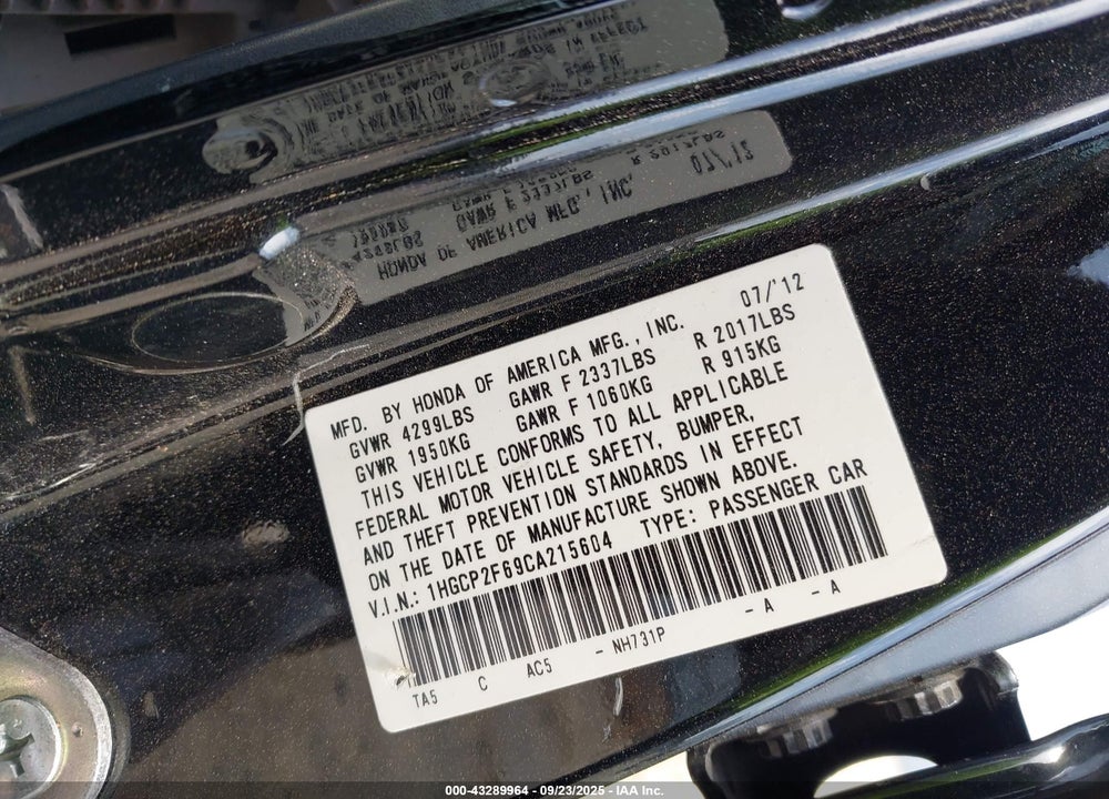 2012 HONDA ACCORD 2.4 SE VIN: 1HGCP2F69CA215604
