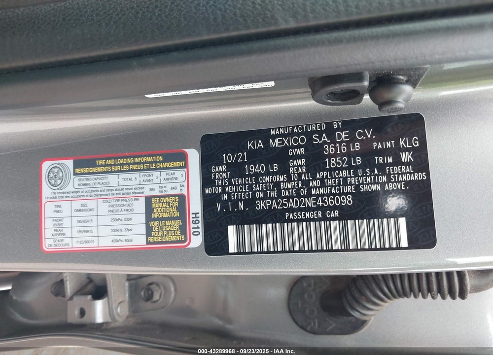 2022 KIA RIO VIN: 3KPA25AD2NE436098