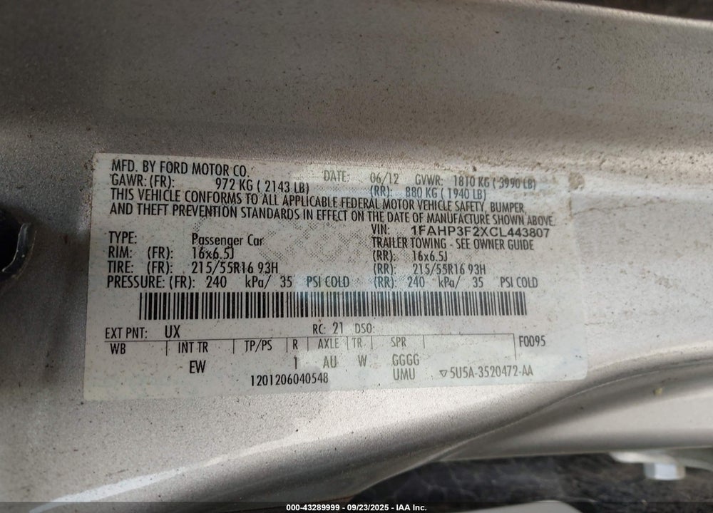2012 FORD FOCUS SE VIN: 1FAHP3F2XCL443807