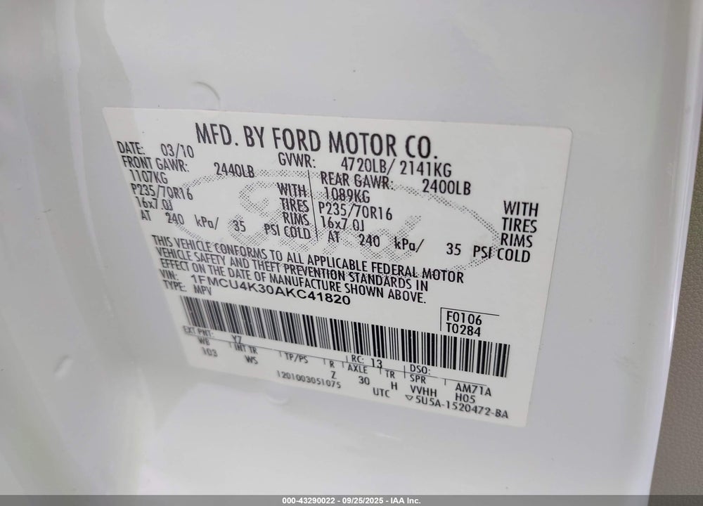 2010 FORD ESCAPE HYBRID VIN: 1FMCU4K30AKC41820