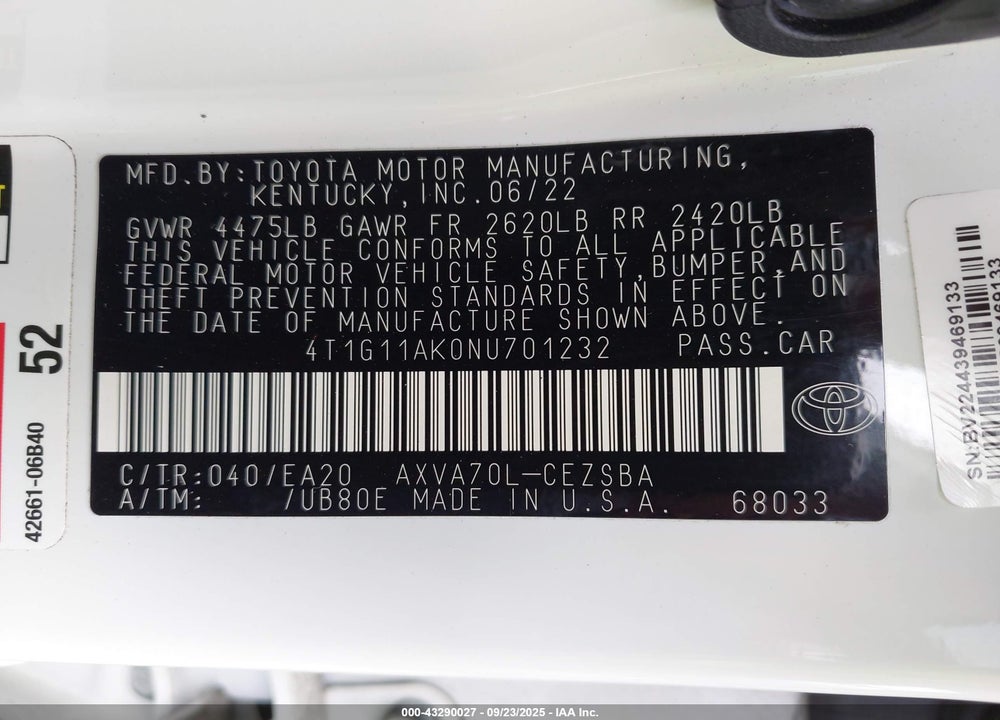 2022 TOYOTA CAMRY VIN: 4T1G11AK0NU701232