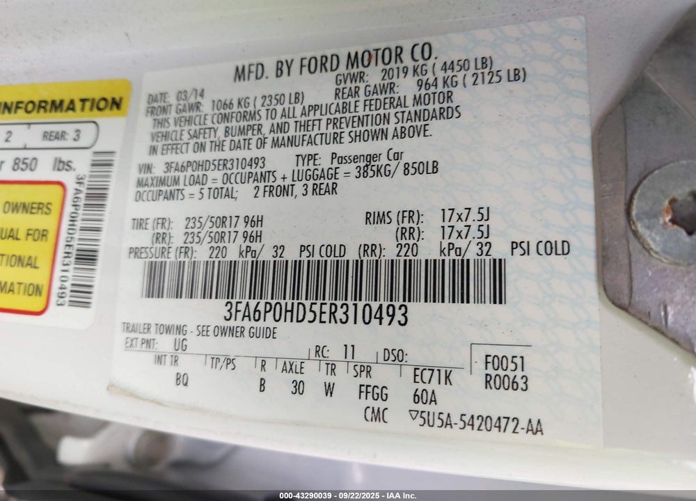 2014 FORD FUSION SE VIN: 3FA6P0HD5ER310493