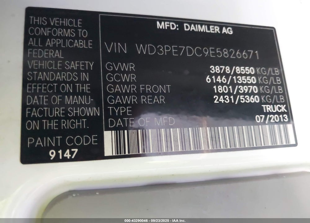 2014 MERCEDES-BENZ SPRINTER 2500 NORMAL ROOF VIN: WD3PE7DC9E5826671