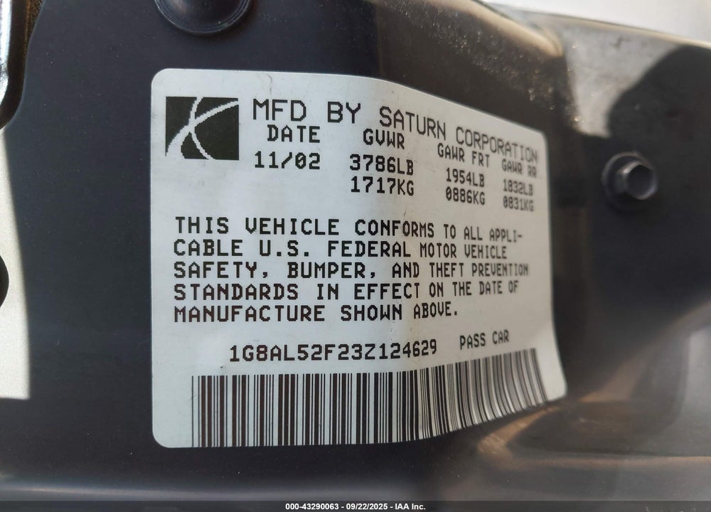 2003 SATURN ION ION 3 VIN: 1G8AL52F23Z124629