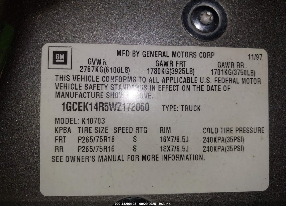 1998 CHEVROLET K1500 FLEETSIDE VIN: 1GCEK14R5WZ172060