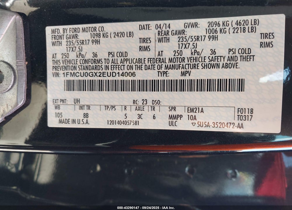 2014 FORD ESCAPE VIN: 1FMCU0GX2EUD14006