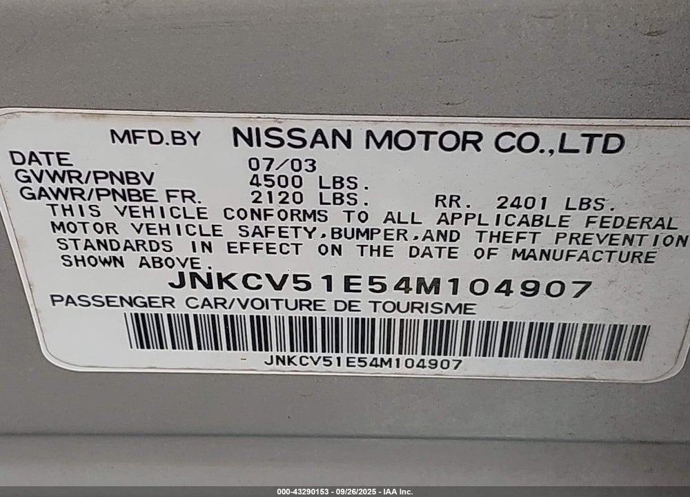 2004 INFINITI G35 VIN: JNKCV51E54M104907