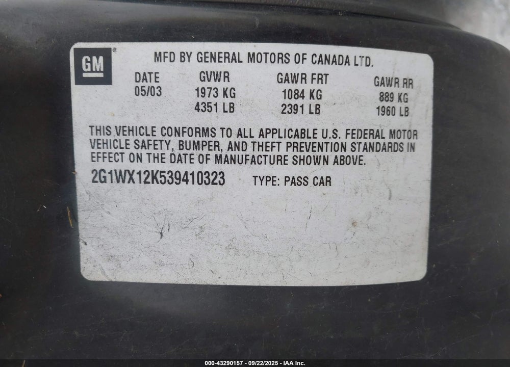 2003 CHEVROLET MONTE CARLO VIN: 2G1WX12K539410323