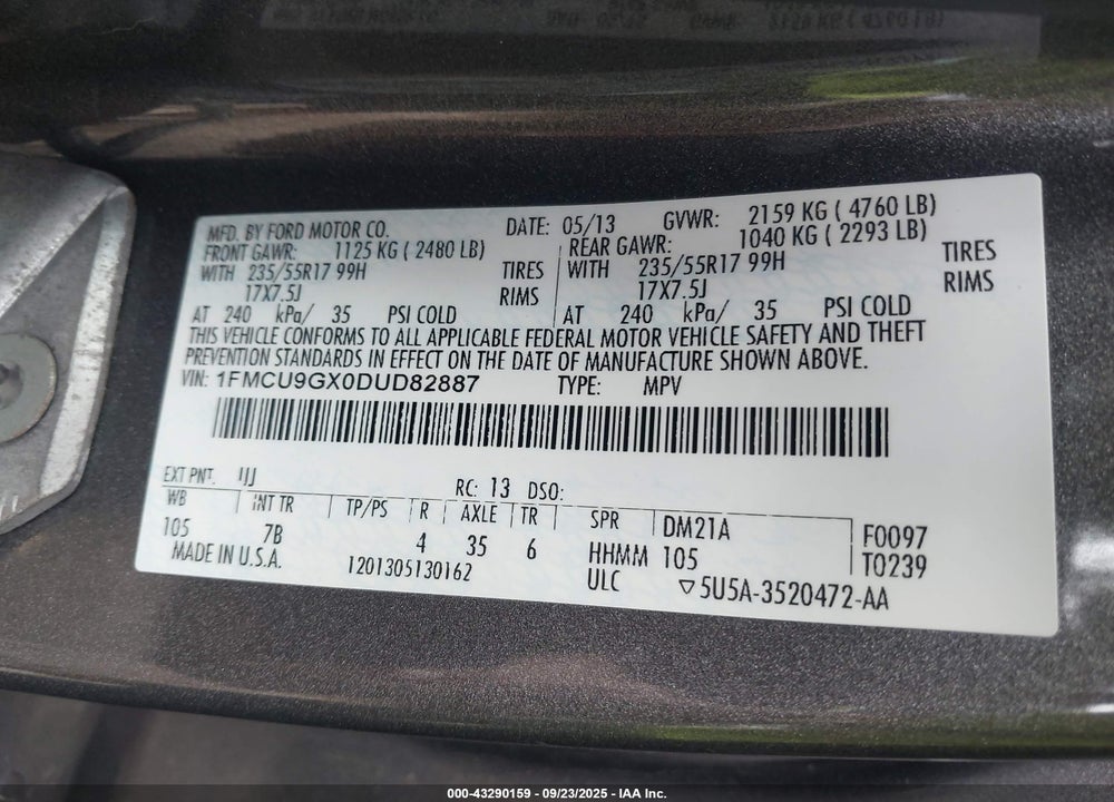 2013 FORD ESCAPE SE VIN: 1FMCU9GX0DUD82887