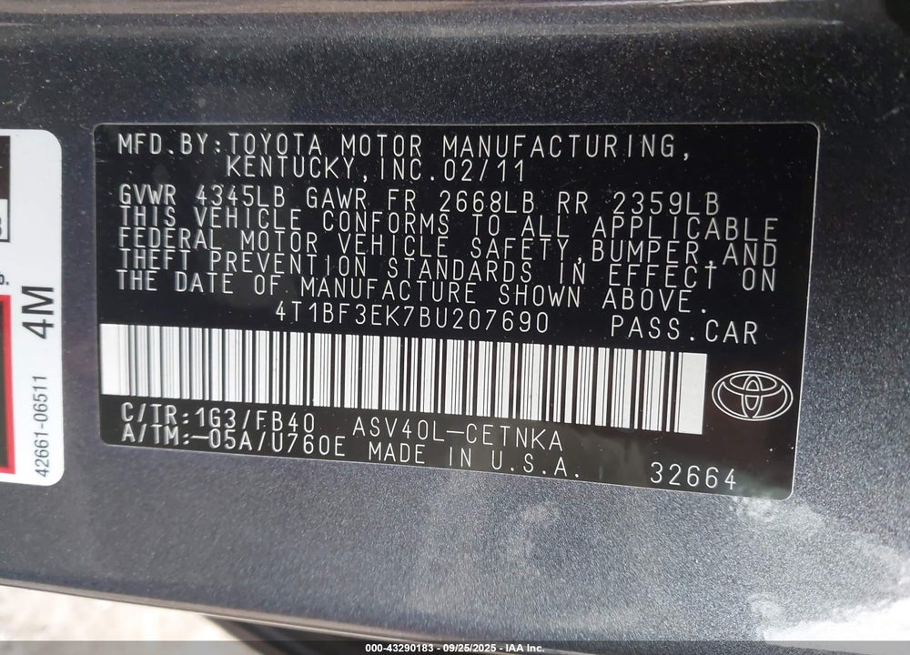 2011 TOYOTA CAMRY VIN: 4T1BF3EK7BU207690