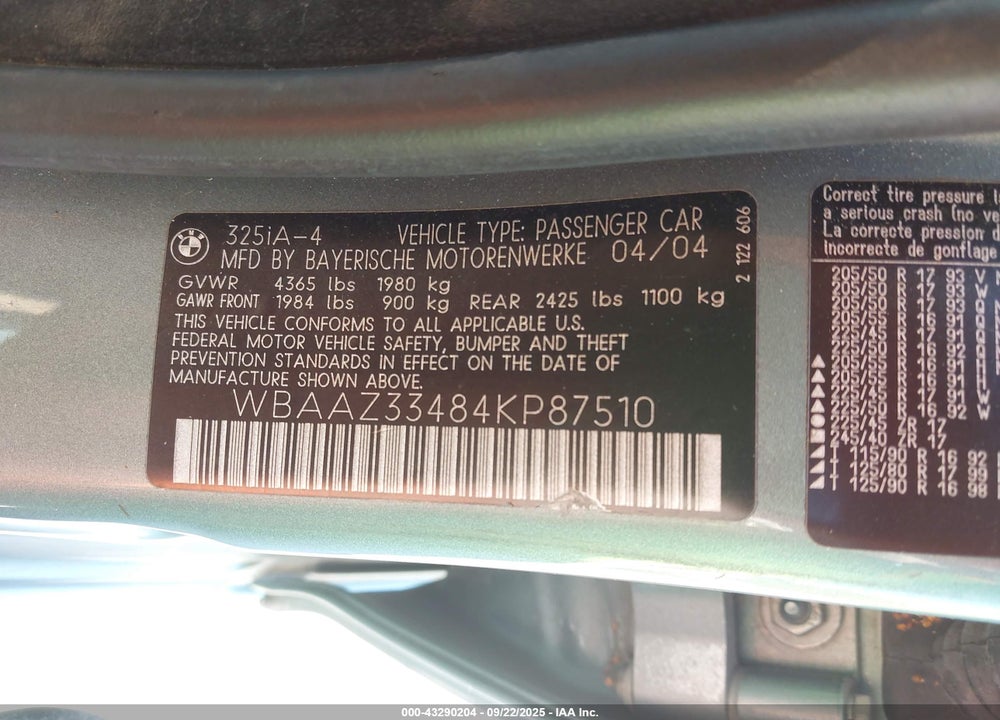2004 BMW 325I VIN: WBAAZ33484KP87510