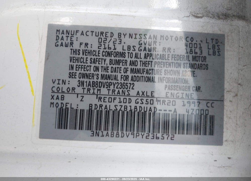 2023 NISSAN SENTRA VIN: 3N1AB8DV9PY236572