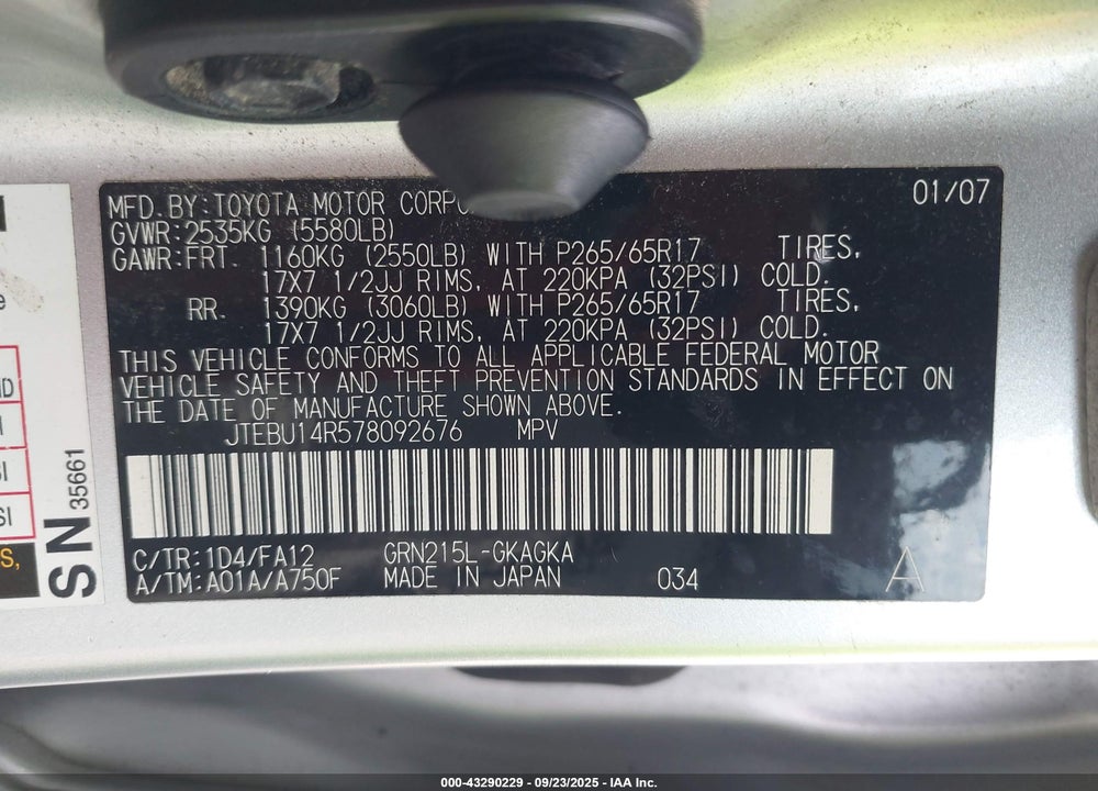 2007 TOYOTA 4RUNNER SR5 V6 VIN: JTEBU14R578092676