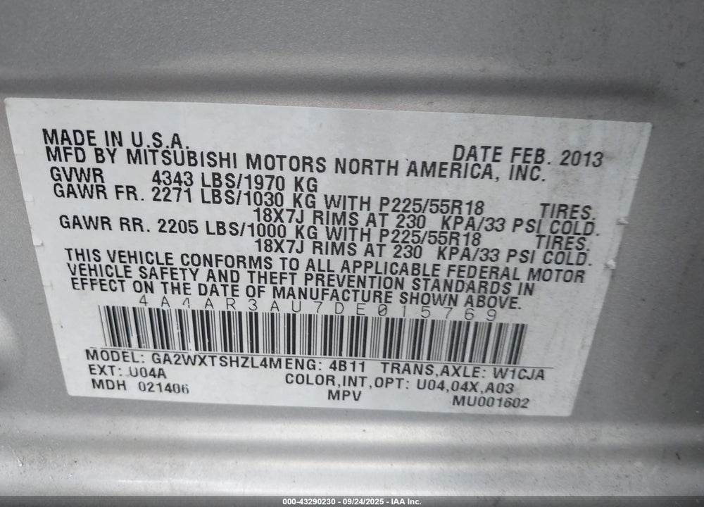 2013 MITSUBISHI OUTLANDER SPORT VIN: 4A4AR3AU7DE015769