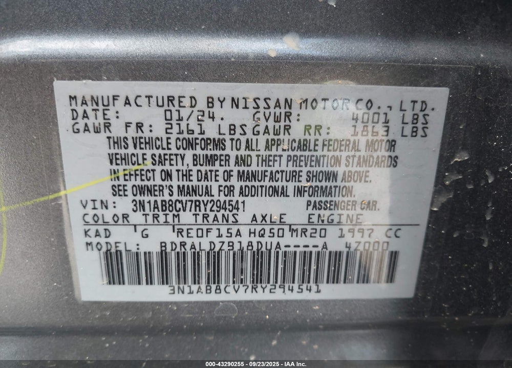 2024 NISSAN SENTRA SV XTRONIC CVT VIN: 3N1AB8CV7RY294541