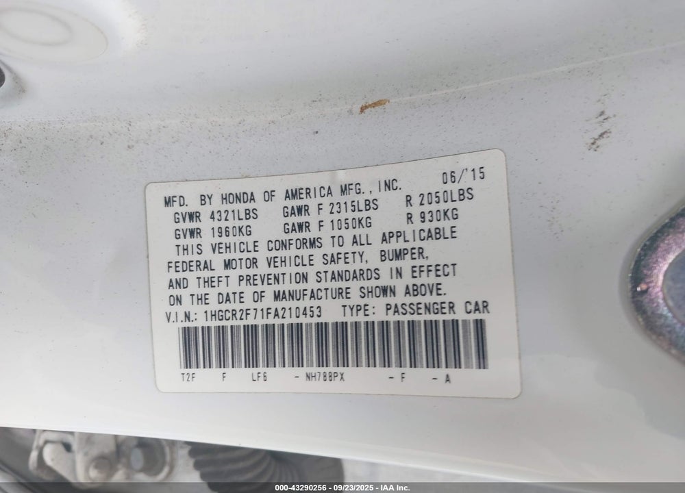 2015 HONDA ACCORD EX VIN: 1HGCR2F71FA210453