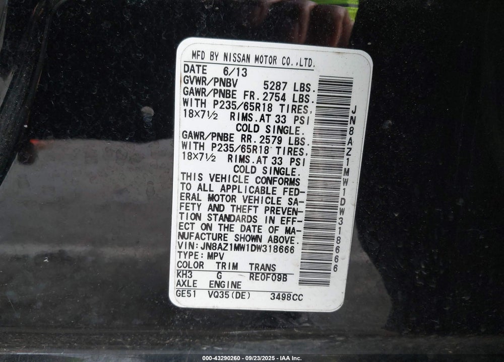 2013 NISSAN MURANO SL VIN: JN8AZ1MW1DW318666
