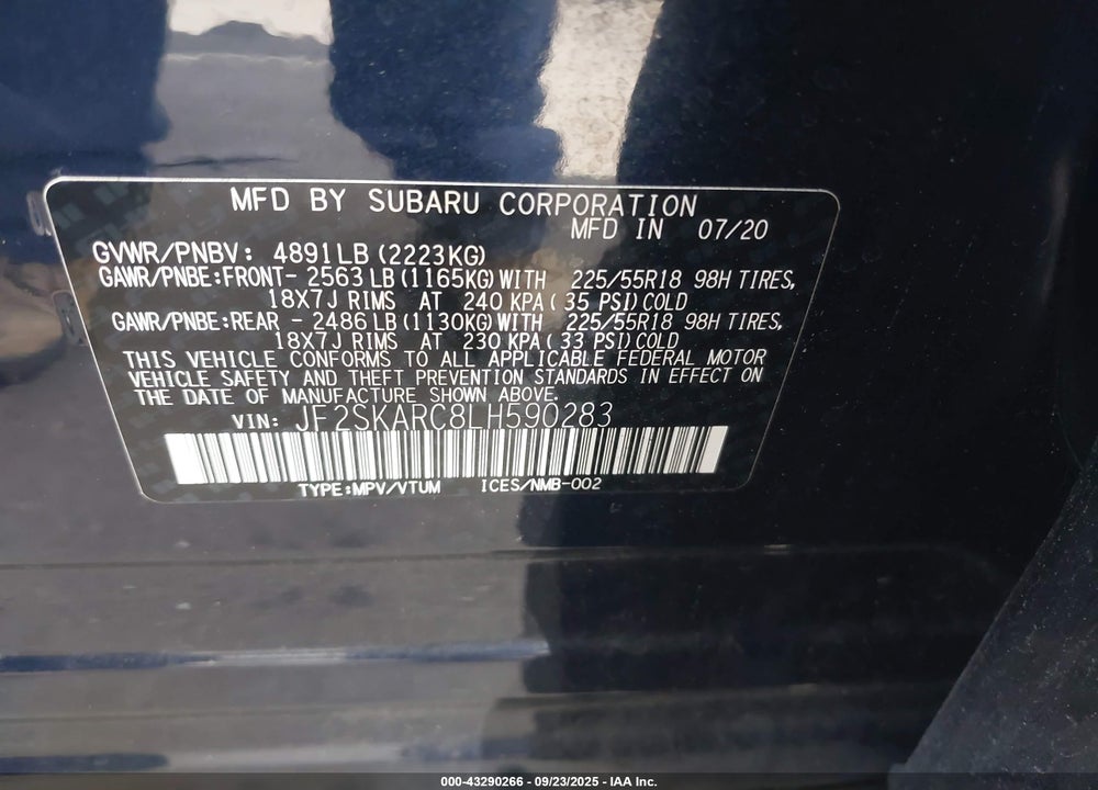 2020 SUBARU FORESTER SPORT VIN: JF2SKARC8LH590283