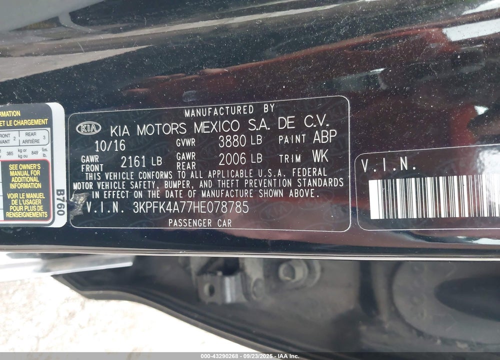 2017 KIA FORTE VIN: 3KPFK4A77HE078785
