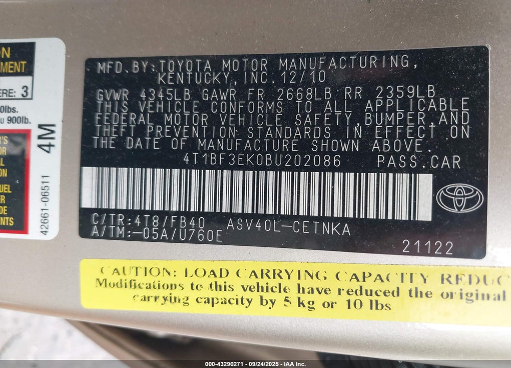 2011 TOYOTA CAMRY VIN: 4T1BF3EK0BU202086