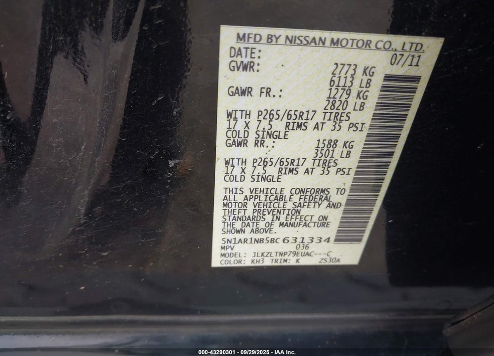 2011 NISSAN PATHFINDER SV VIN: 5N1AR1NB5BC631334