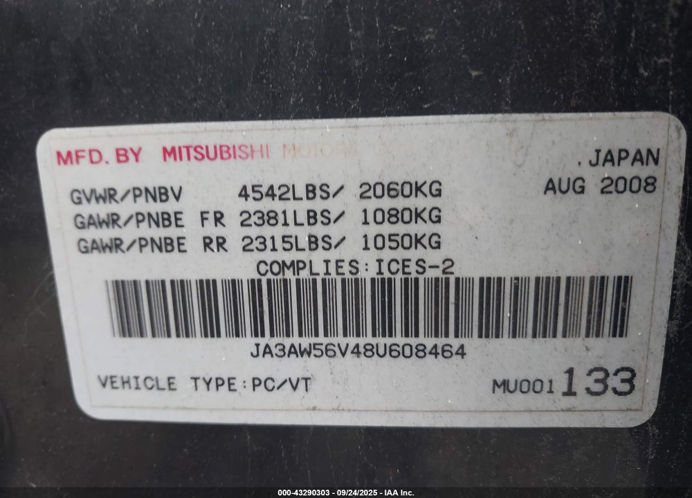 2008 MITSUBISHI LANCER EVOLUTION VIN: JA3AW56V48U608464